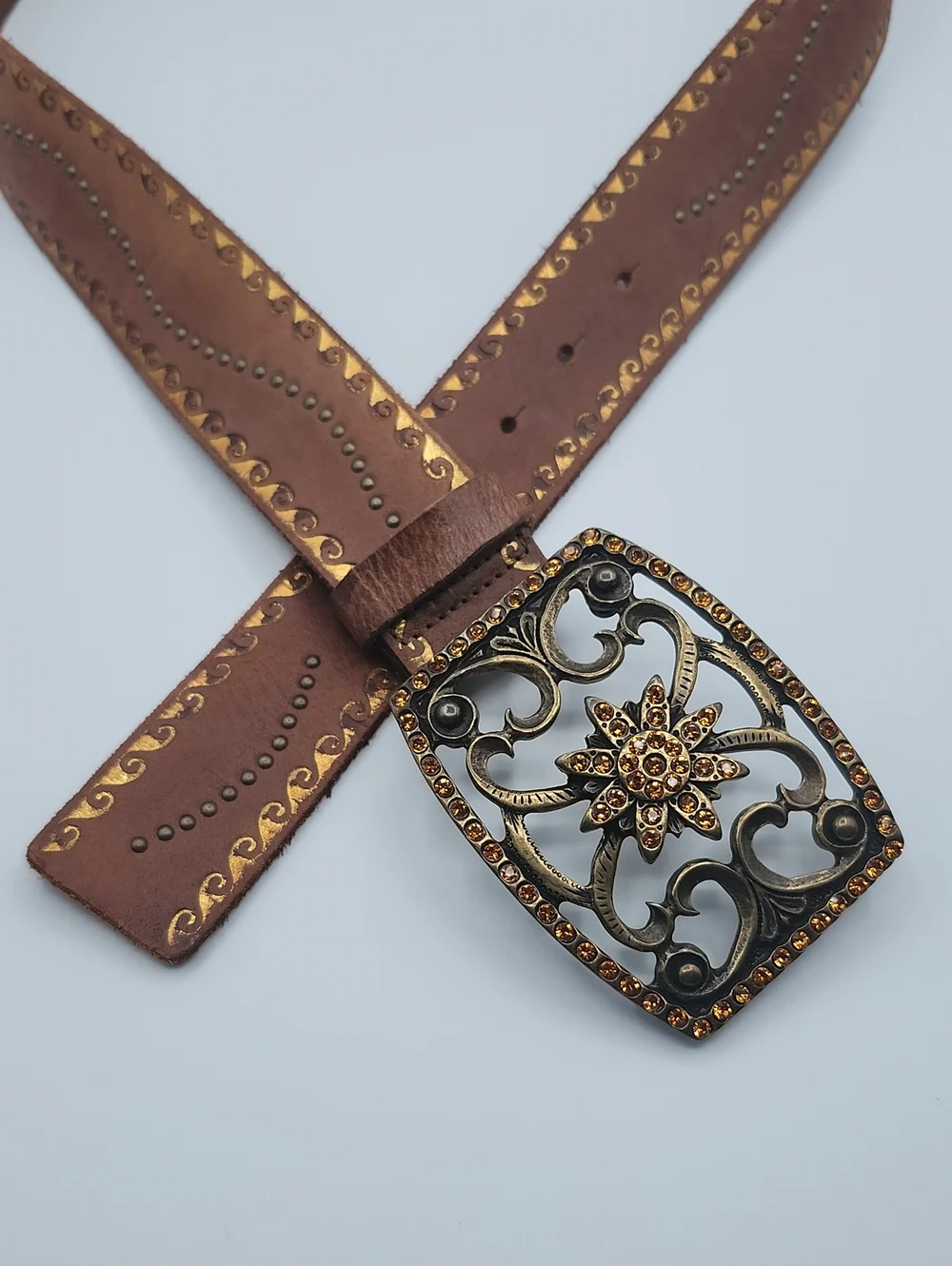 Vintage Brown Leather Western Belt with Ornate Gold-Tone Buckle